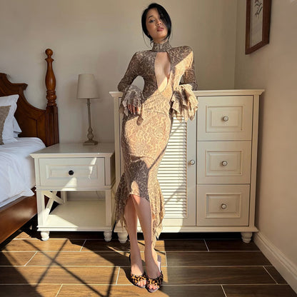SXR K6D07440A summer sexy chest hollow-out cinched bell sleeve dress
