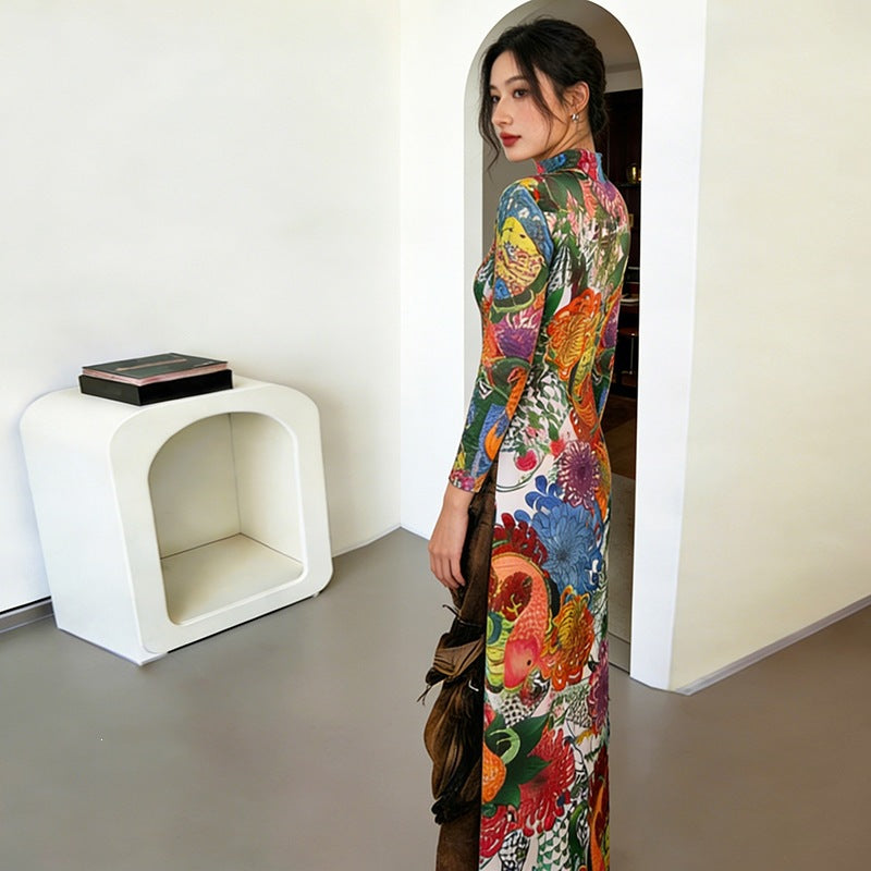 DLS plant print long sleeve half turtleneck high slit long shirt