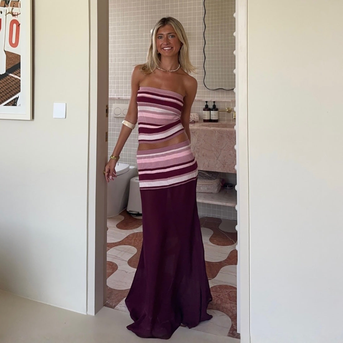 SXR spring striped tube top vest mesh semi see-through long skirt suit