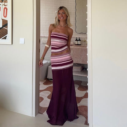 SXR spring striped tube top vest mesh semi see-through long skirt suit