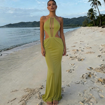 SXR 2026 spring sexy backless halter mesh dress