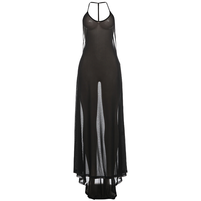 SXR spring V-neck halter mesh backless sexy solid color dress
