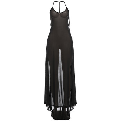 SXR spring V-neck halter mesh backless sexy solid color dress