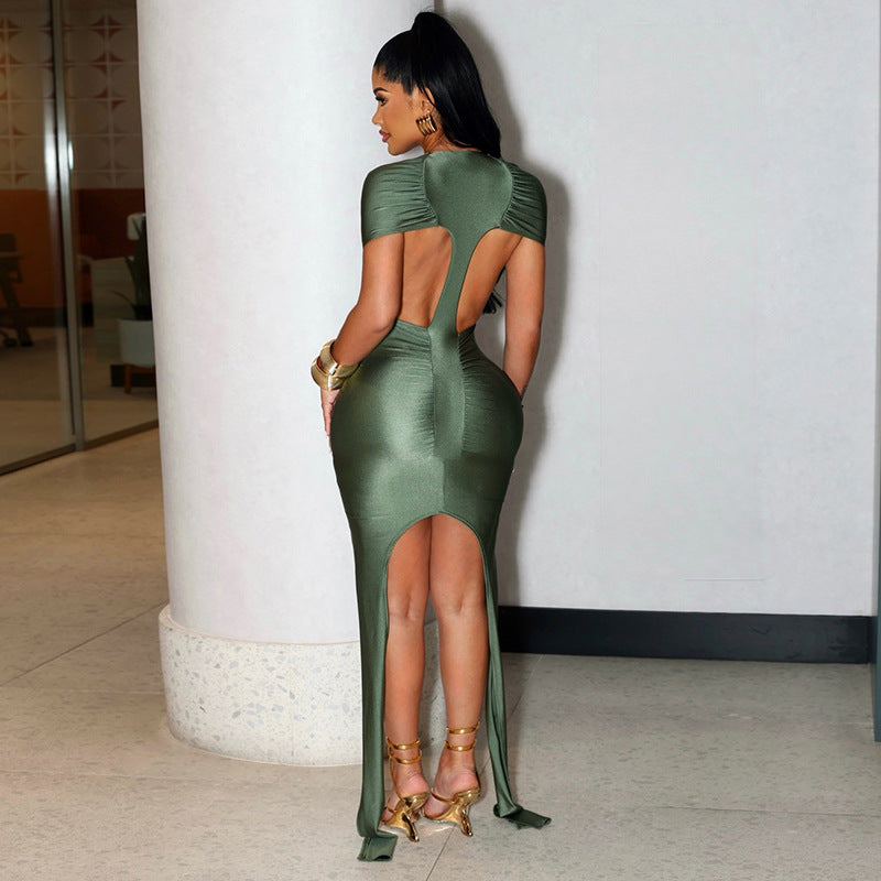 DZHT J26DS116 spring/summer fashion solid color back hollow ribbon round neck dress short skirt