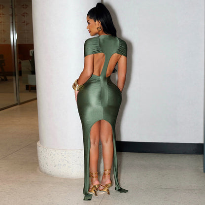 DZHT J26DS116 spring/summer fashion solid color back hollow ribbon round neck dress short skirt