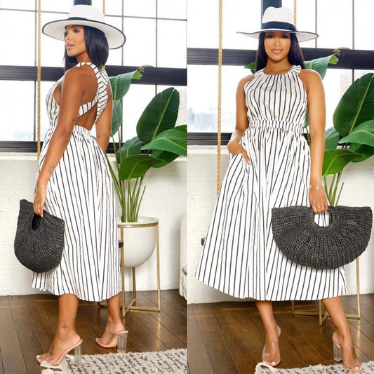 GY (S-3XL) S10782 striped round neck sleeveless backless cross shoulder strap waist-tight large swing dress