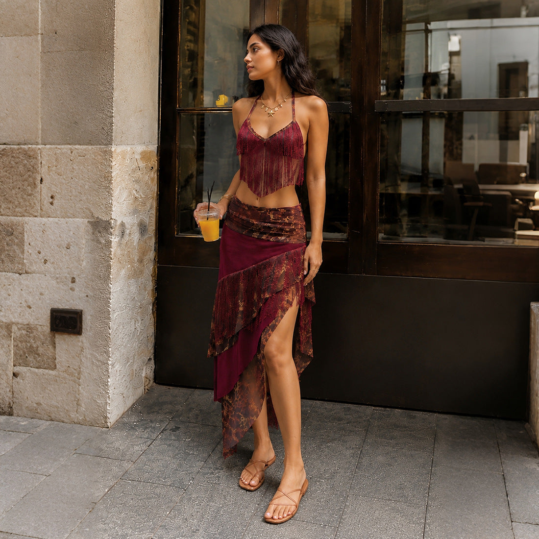 SXR K6S04936A summer tassel halterneck vest long skirt suit