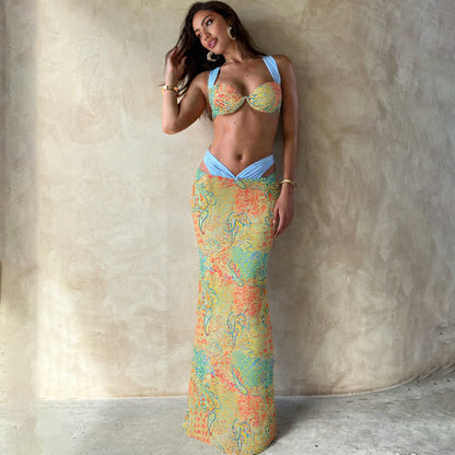 SXR spring printing color contrast tied top high waist skirt three-piece set