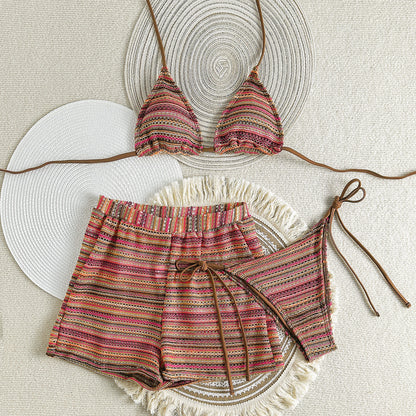(4 days ready to ship) SY halter bikini knitted contrast color beach shorts three-piece set