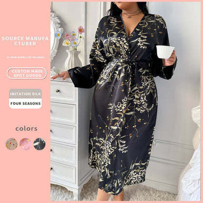 DNL spring large size bathrobe female printing emulation silk nightgown Ice Silk Silk