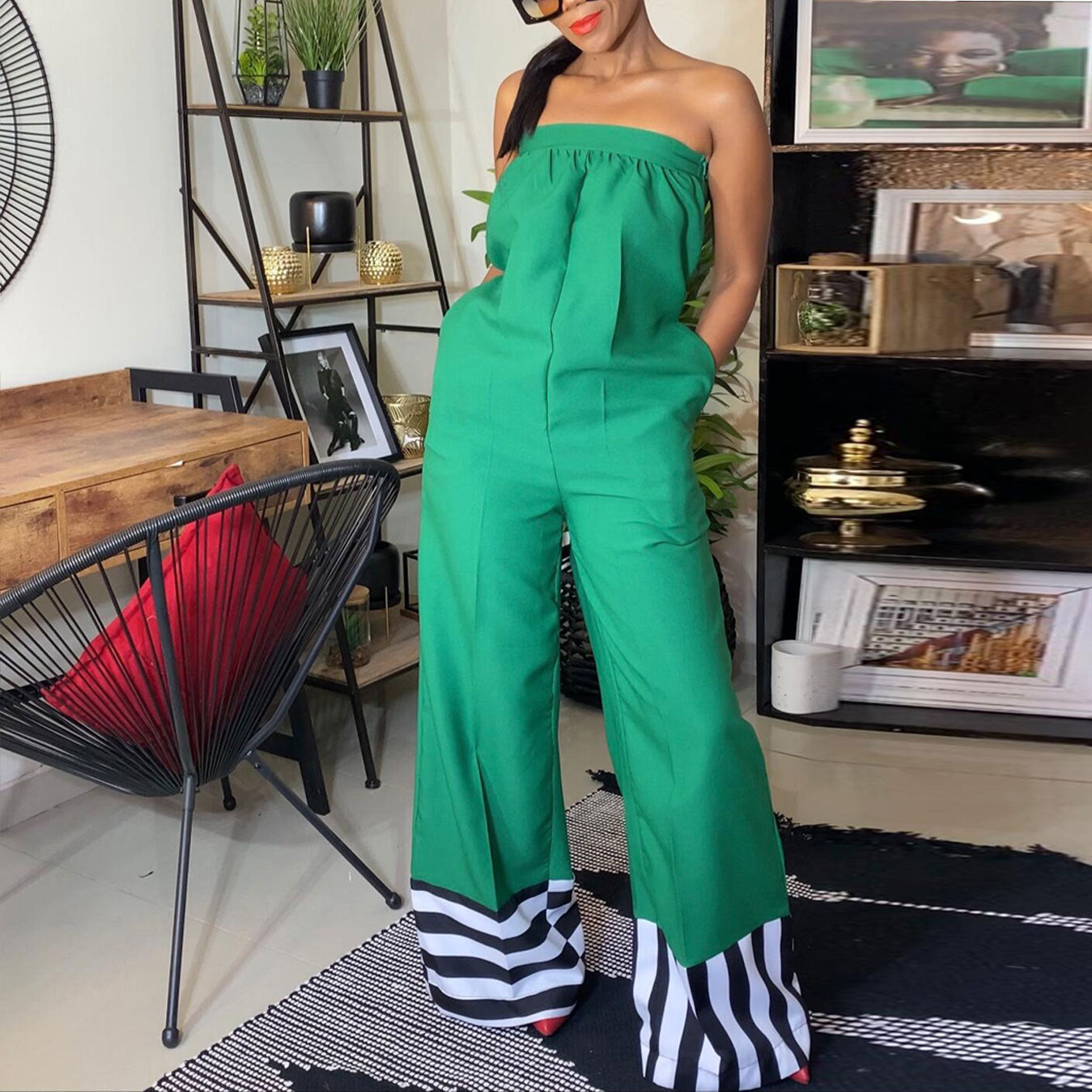GY (L-3XL) SRS10432 stitching printing contrast color jumpsuit