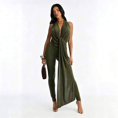 DZHT Q26JP051 backless sleeveless deep V-neck solid color slim-fit halter one-piece trousers