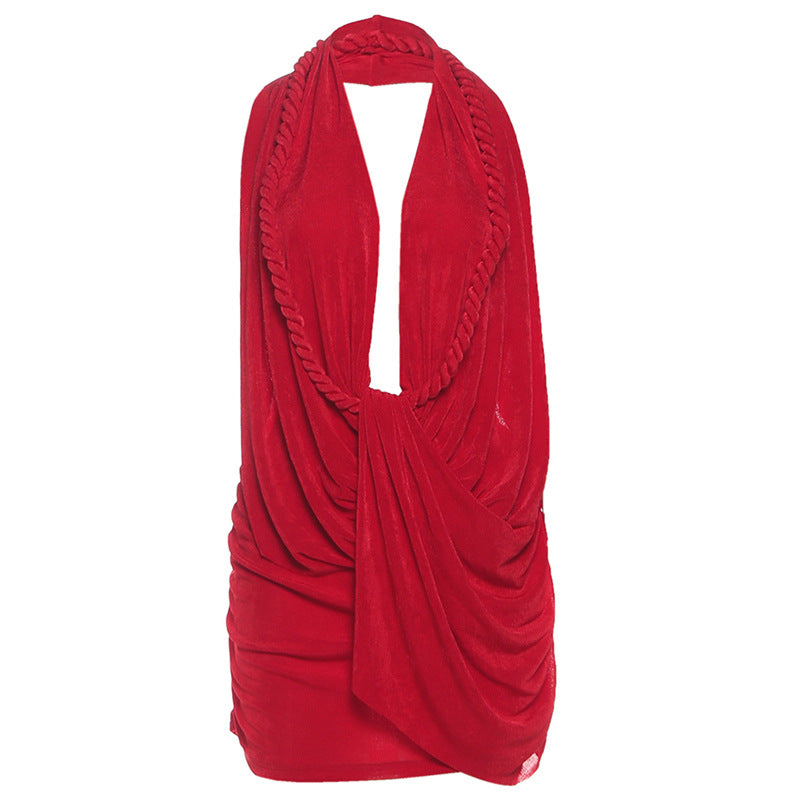 SXR autumn and winter deep V halter backless sheath skirt solid color dress