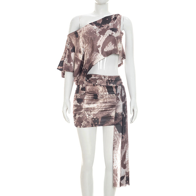 DZHT Q26DS083 single-shoulder suspender midriff outfit sheath print jumpsuit skirt