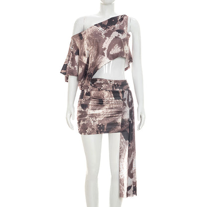 DZHT Q26DS083 single-shoulder suspender midriff outfit sheath print jumpsuit skirt