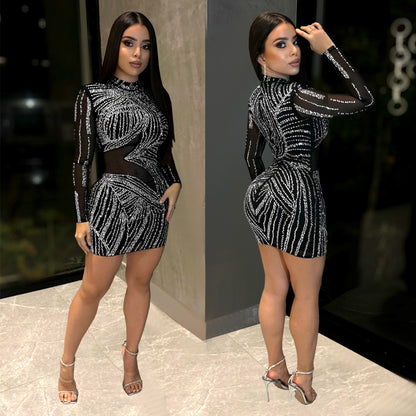XYZ C7347 mesh rhinestone see-through slim-fit dress