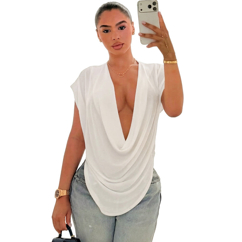 DZHT J26TP303 solid color deep V-neck slim fit sleeveless short top T-shirt