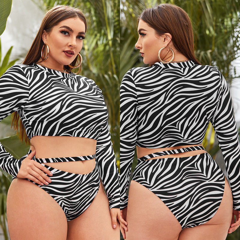 LF (L-4XL) swimsuit women's split long sleeve large size printed Conservative
