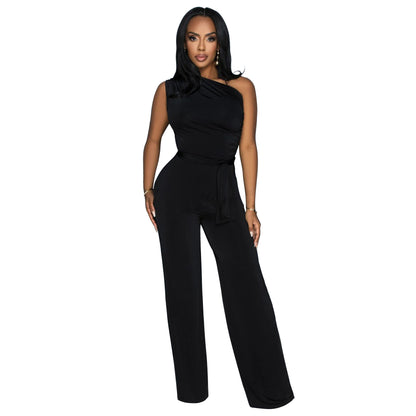 MYF (S-2XL) 20002 sleeveless waist-tight diagonal collar jumpsuit
