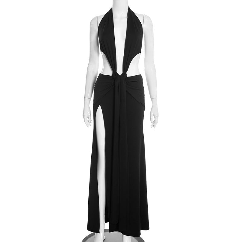 DZHT J25DS474 fashion halter sleeveless waist sheath split deep V dress
