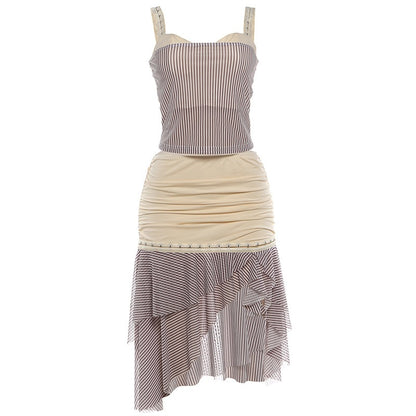 DLS summer stripes sling backless stitching irregular skirt suit
