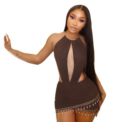DLS Spring halter sexy backless tassel stitching hip dress