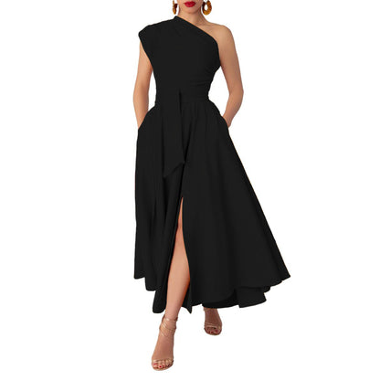 MYF (S-2XL) summer sleeveless diagonal collar waist-controlled large hem dress