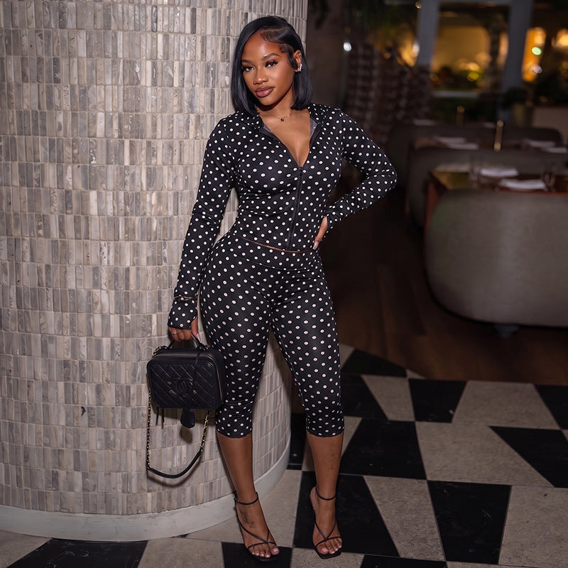 DZHT D26ST229 hooded long sleeve finger fit design zipper top tight pleated cropped pants two-piece suit