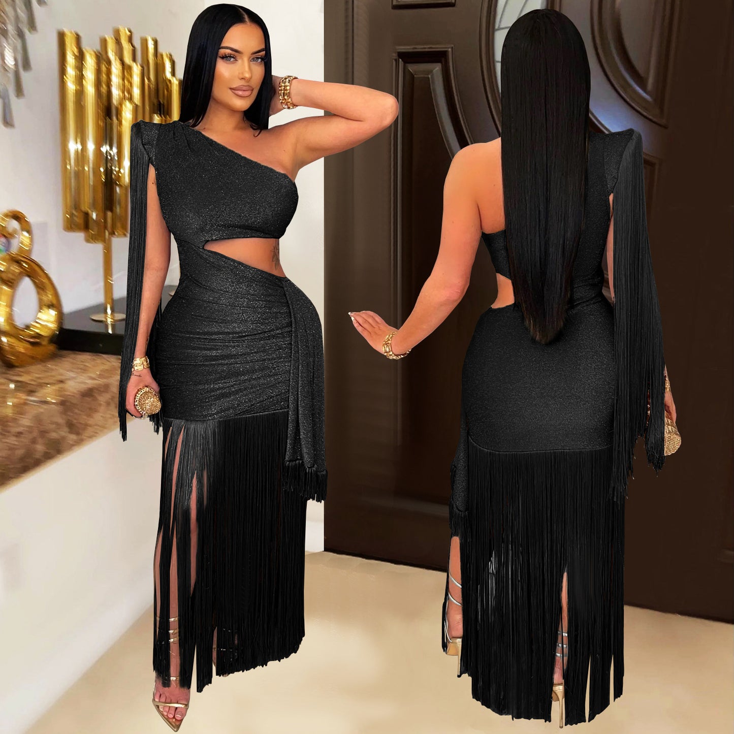 XYZ C7428 casual shoulder tassel maxi dress
