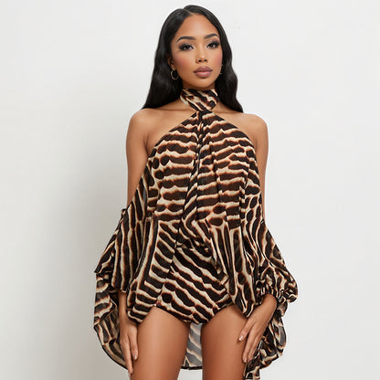 DZHT C26ST187 American Halter Off-the-shoulder printing suit