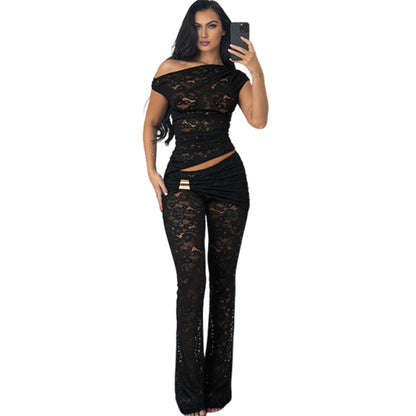 SXR 2026 spring sexy shoulder irregular top high waist flared pants suit
