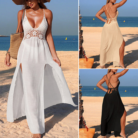 CYB hand crocheting stitching see-through blouse irregular slit backless lace up dress