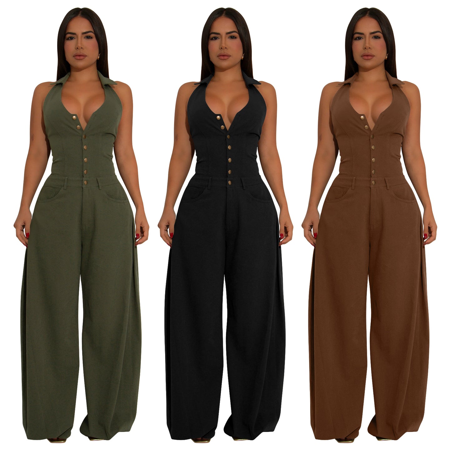 MYF (S-2XL) 10884 pocket sleeveless backless casual jumpsuit