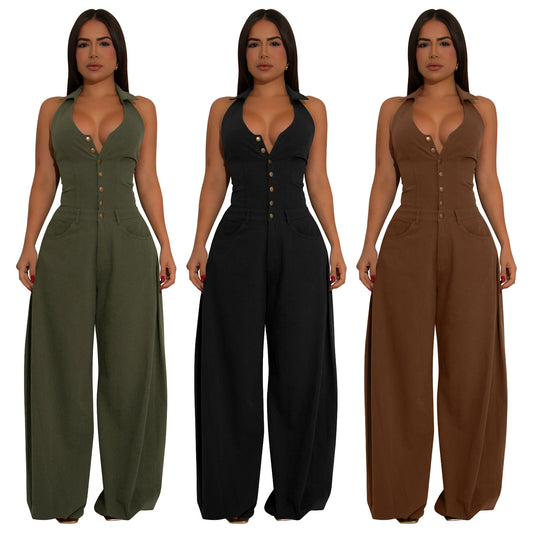 MYF (S-2XL) 10884 pocket sleeveless backless casual jumpsuit