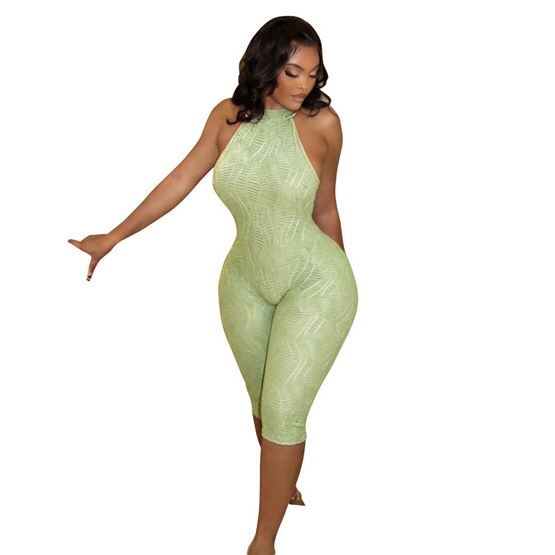 DZHT J26JP089 solid color turtleneck backless cropped tight jumpsuit
