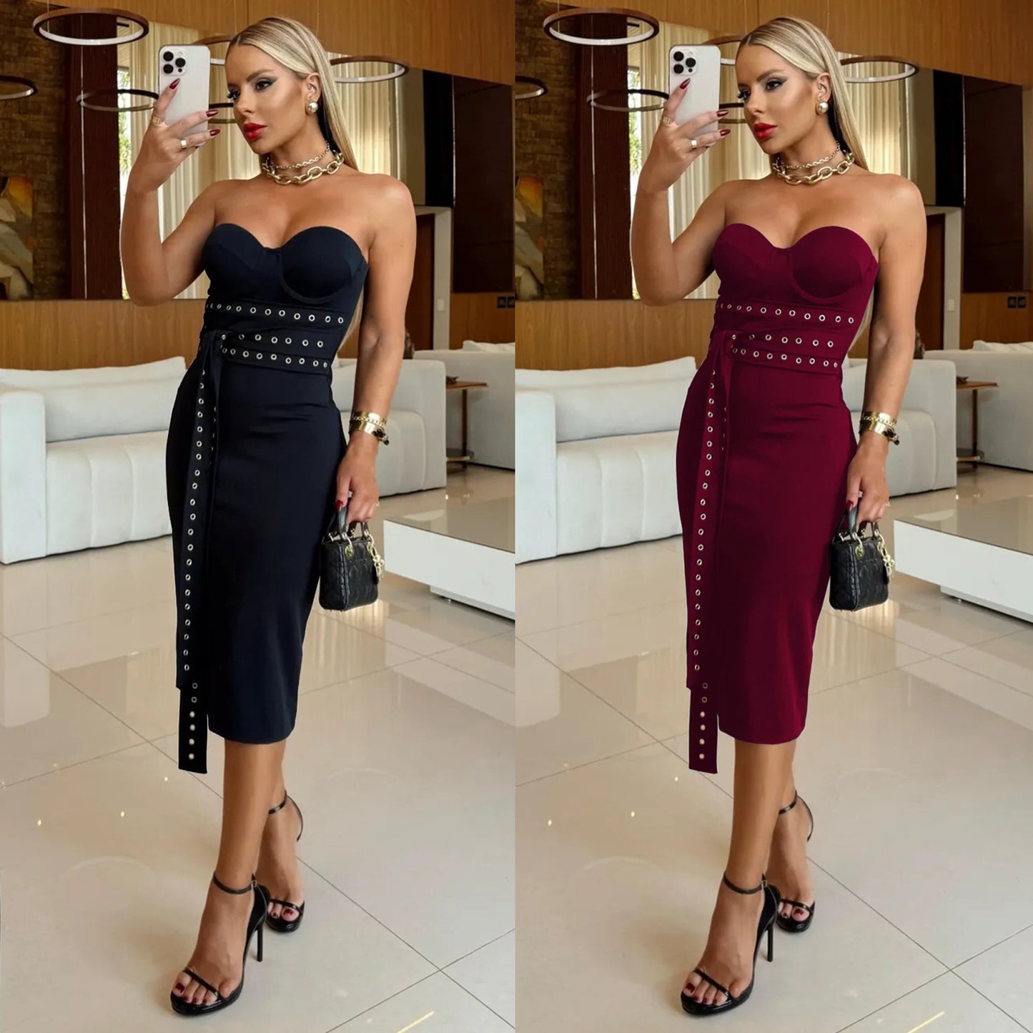 XYZ C7517 strapless lace-up eyelet slim dress