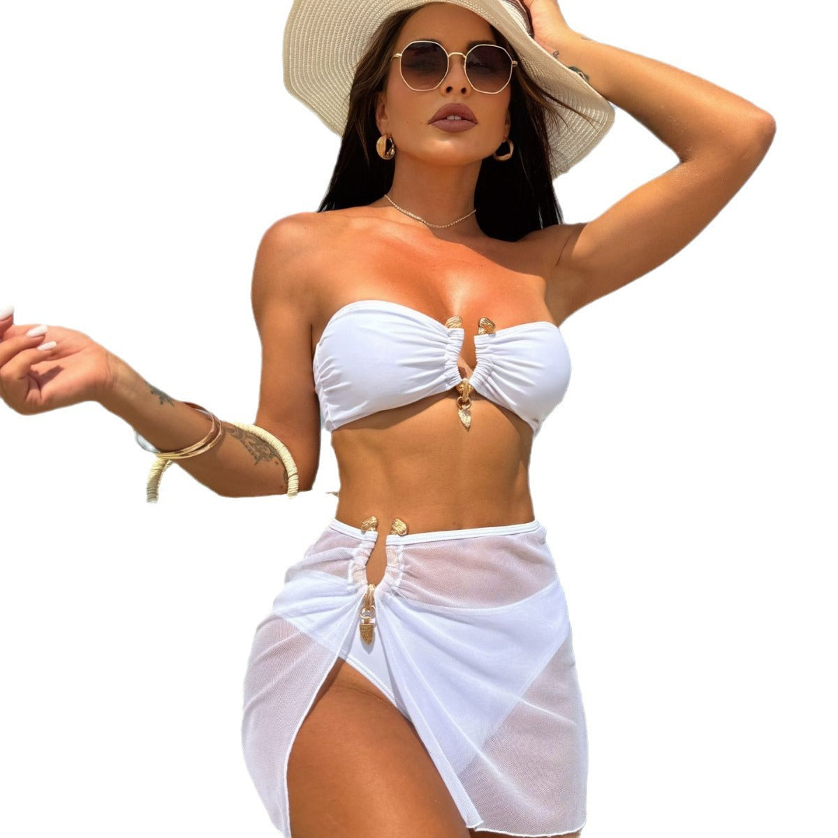 (4 days ready to ship) SY tube top three-piece mesh swimsuit bikini