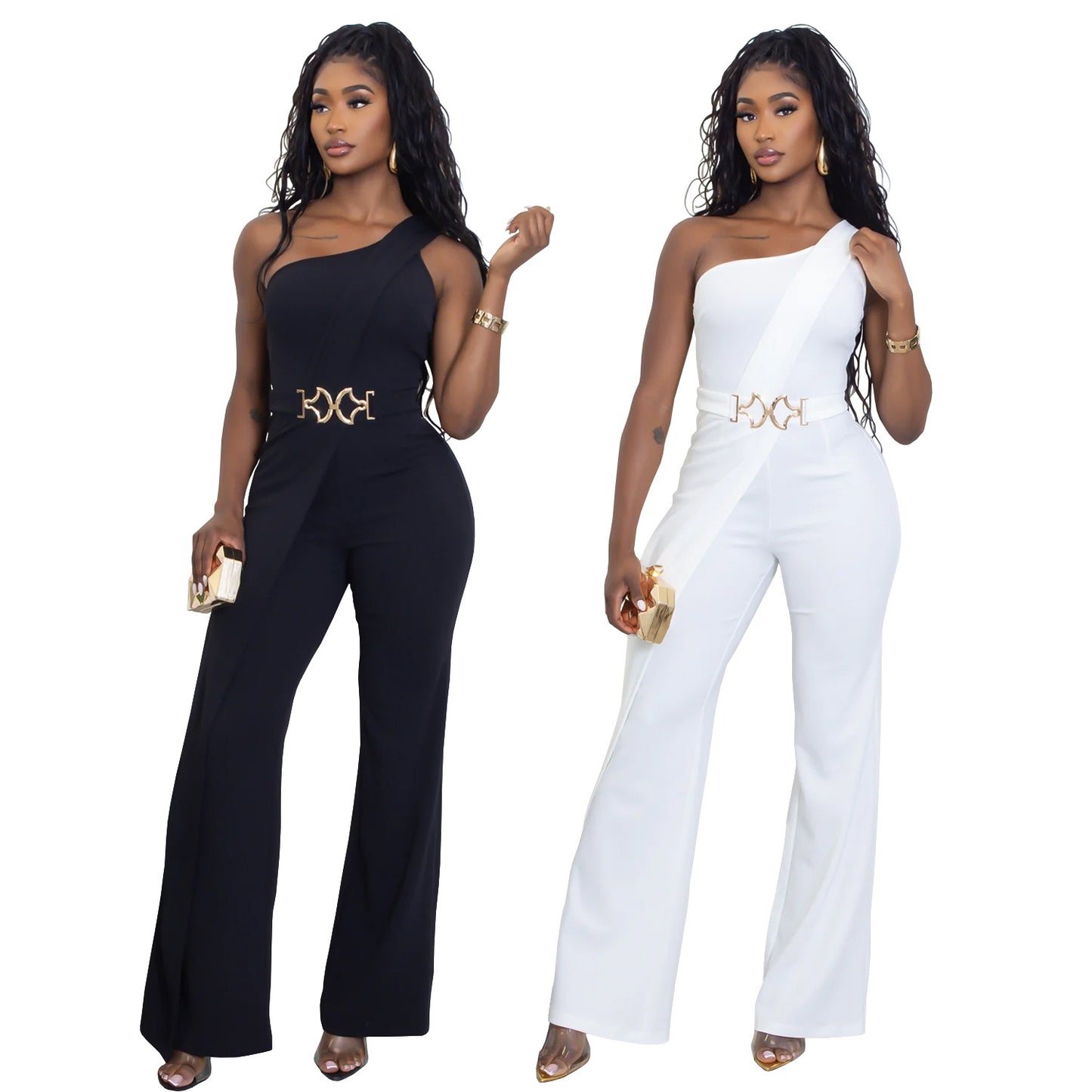 XYZ C7505 summer elegance decorative buckle oblique shoulder jumpsuit