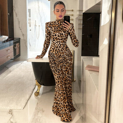 SXR fall winter fashion backless turtleneck long sleeve printed dress