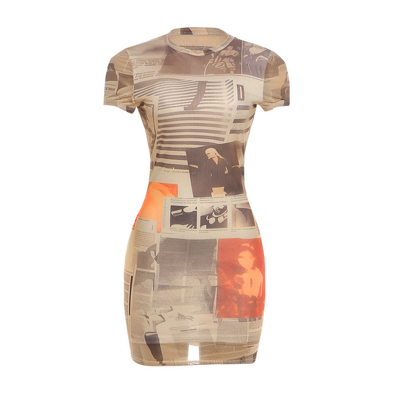SXR spring round neck short sleeve slim-fit sexy sheath skirt printed dress