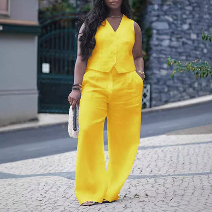 GY (S-3XL) S10896 V-neck vest wide leg pants suit