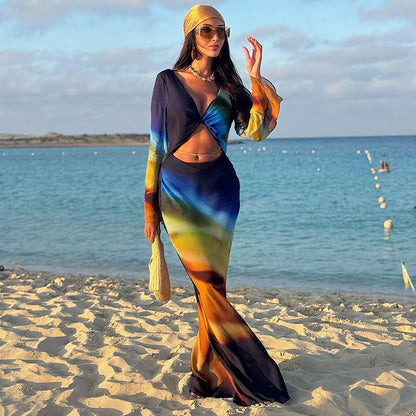 DZHT D26DS030 printed mesh long sleeve bare back lace-up long dress