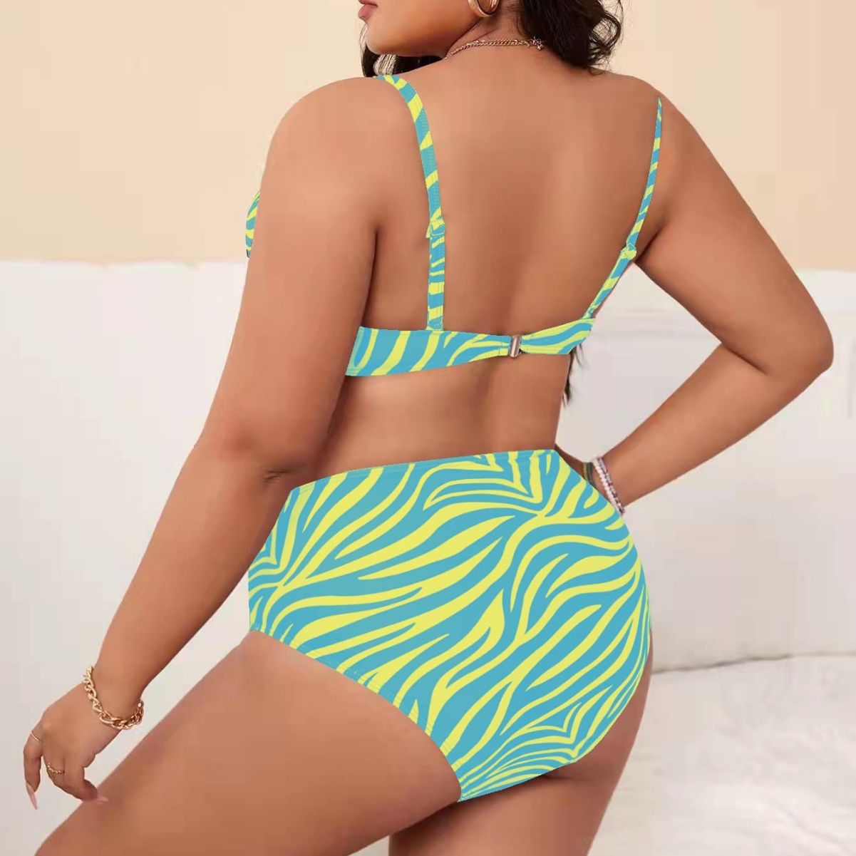 LF (L-4XL) women's split color printing swimsuit plus size