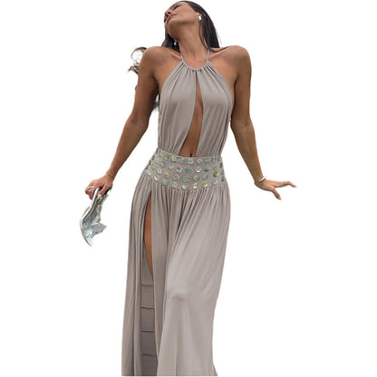 SXR 2026 spring sexy deep V cropped waist slit halter dress