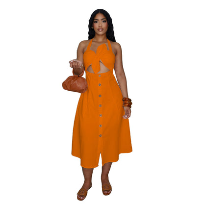 GY (S-3XL) S11088 twist decoration smocking halter tied dress