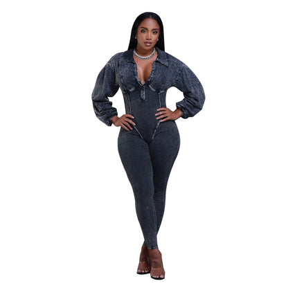 MYF (S-2XL) jumpsuit autumn long sleeve zipper high waist jumpsuit K10660