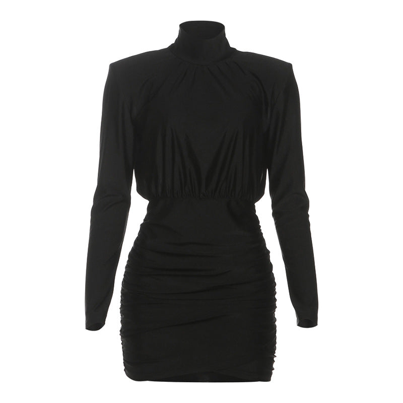 SXR autumn turtleneck long sleeve narrow short skirt solid color dress