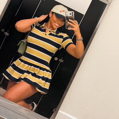 DLS summer lapels vintage stripe sports fashion short sleeve dress