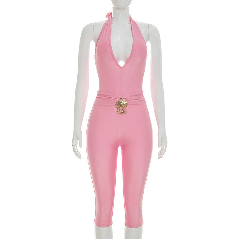 DZHT D26JP165 all-match deep V halter lace-up tight one-piece cropped pants
