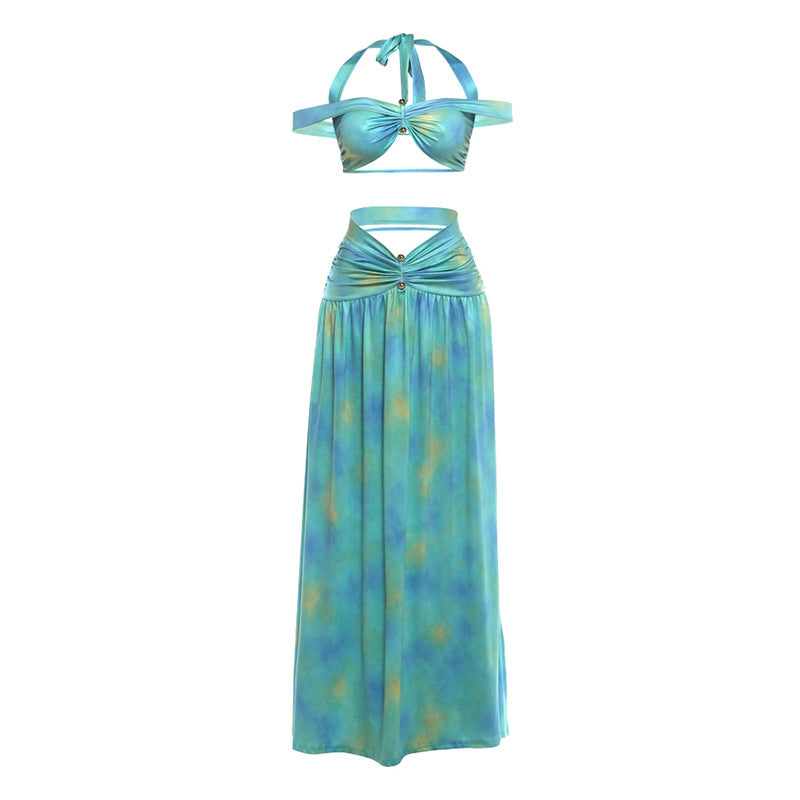 DLS summer halter backless tube top hollow out polka dot skirt suit